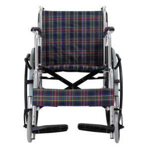 可折疊輪椅，配備不鏽鋼框架與格紋耐磨面料，適用於戶外活動的行動輪椅：圖片 2