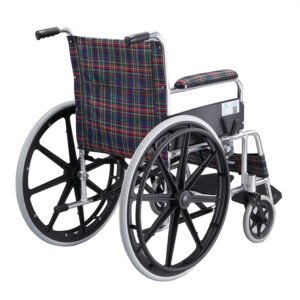 可折疊輪椅，配備不鏽鋼框架與格紋耐磨面料，適用於戶外活動的行動輪椅：圖片 1