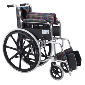 可折疊輪椅，配備不鏽鋼框架與格紋耐磨面料，適用於戶外活動的行動輪椅：圖片 3